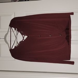 Long sleeve t shirt, open back, low cut front  color is burgundy